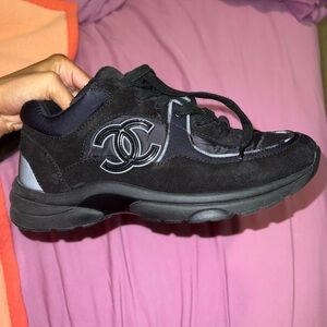 CHANEL Black Suede & Leather Lace-Up Sneaker with CC Logo